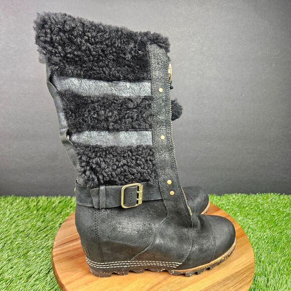 Sorel Helen Holiday Shearling Wedge Boots Size 8 Black Knee High Zip Leather Pom - Picture 1 of 15